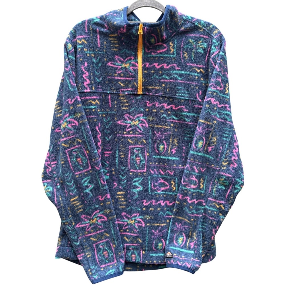 Chubbies Mens XL Quarter Zip Fleece Pullover Navy Blue Neon Retro Tropical Print
